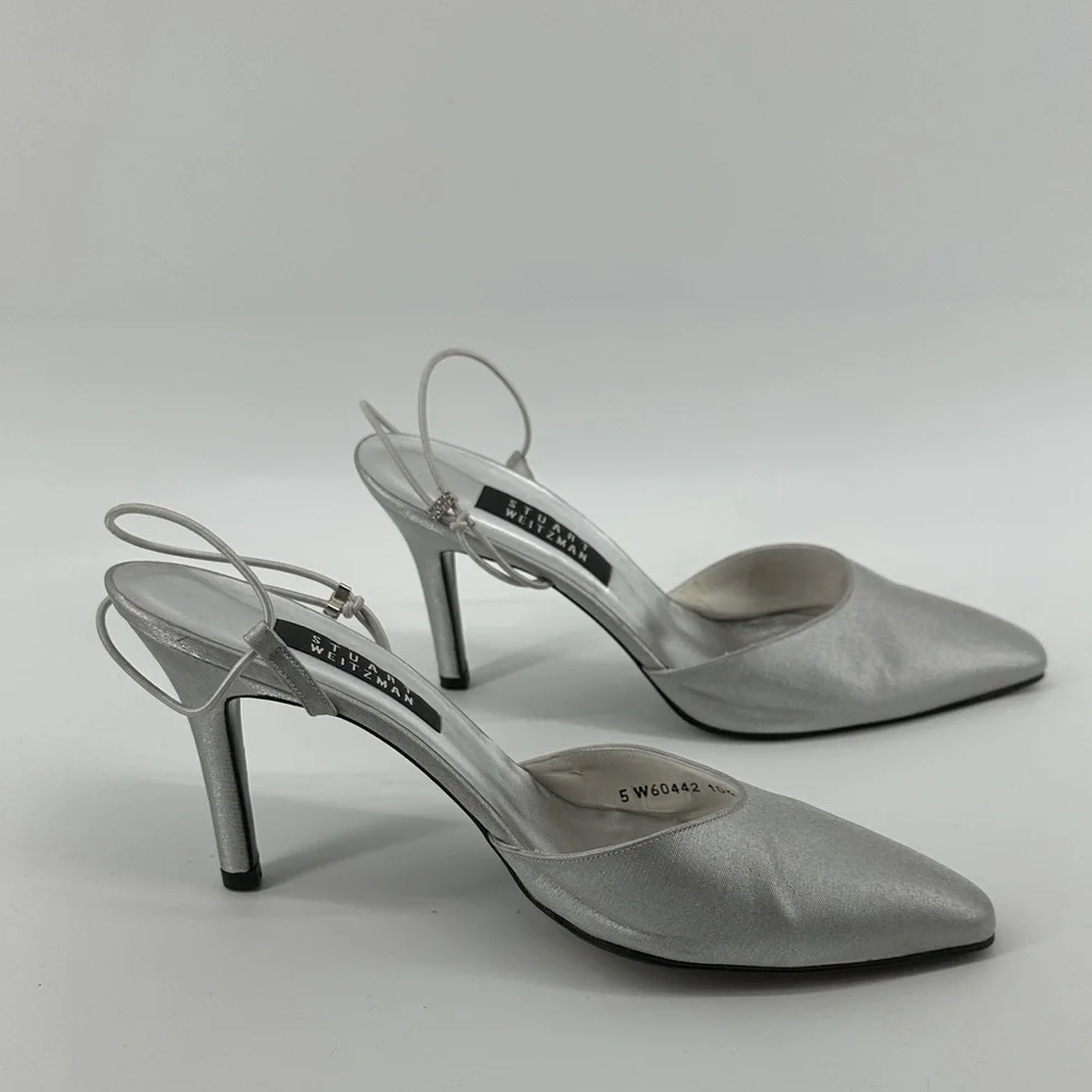 VTG‎ 90s Stuart Weitzman Silver Slingback Heels Retro Chic Aesthetic SZ 10.5